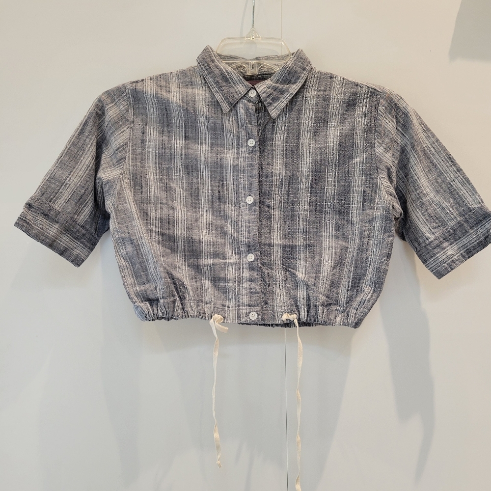 Gray And White Striped Cropped Button-Up Shirt